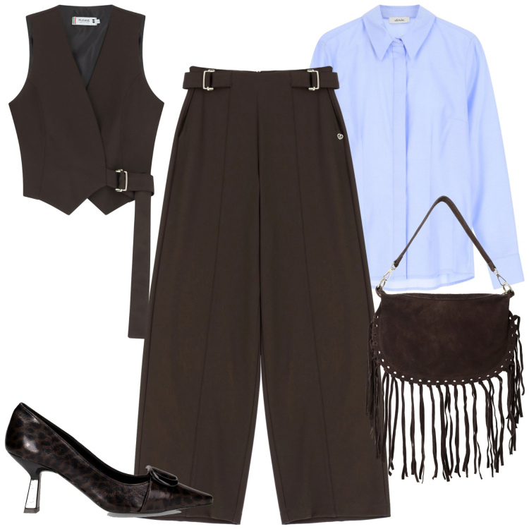 Outfit donna - Moro. Stile Casual chic per Tutti i giorni. Abbinamento con gilet, pantaloni a palazzo, borse a tracolla, camicie, décolleté.