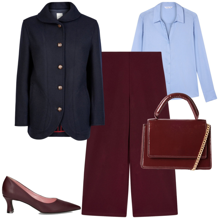 Outfit donna - City. Stile Urban per Tutti i giorni. Abbinamento con camicie, pantaloni culotte, borse a tracolla, décolleté, blazer.