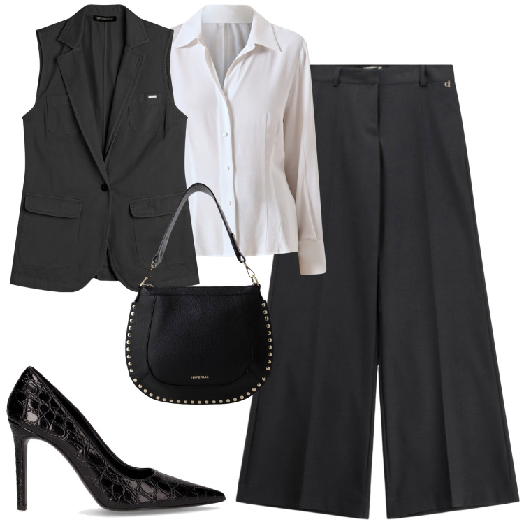 Outfit donna - Ottobre. Stile Urban per Tutti i giorni. Abbinamento con camicie, borse a spalla, pantaloni a palazzo, gilet, décolleté.