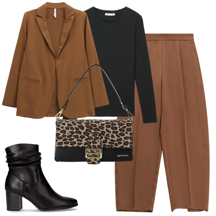 Outfit donna - City. Stile Urban per Tutti i giorni. Abbinamento con t-shirt, pantaloni, blazer, borse a spalla, stivaletti.