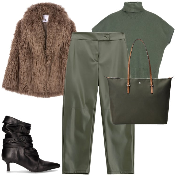 Outfit donna - Ottobre. Stile Casual chic per Tutti i giorni. Abbinamento con ecopellicce, pantaloni, maglieria, borse tote, stivaletti.