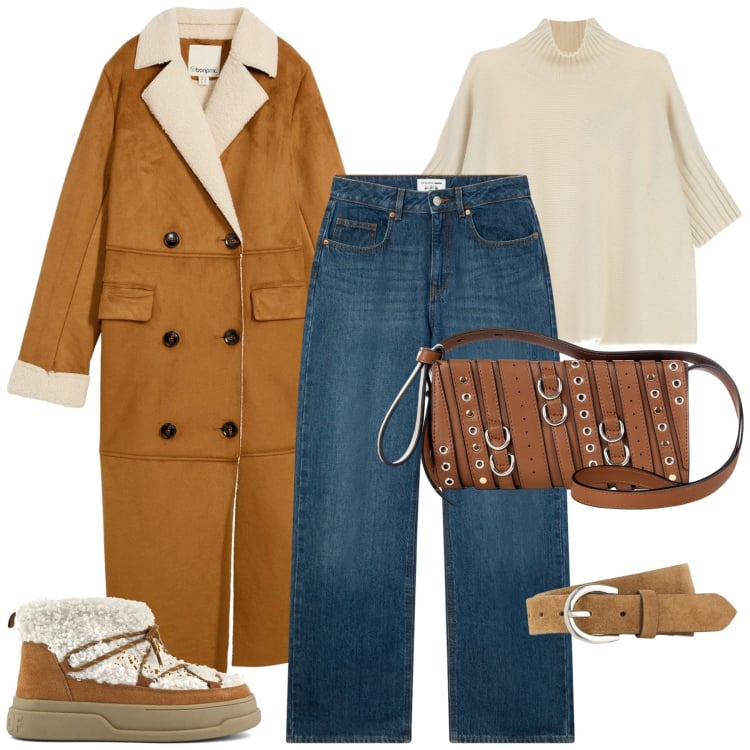 Outfit donna - Total look #2262383. Stile Casual per Tutti i giorni. Abbinamento con cappotti, cinture, jeans, borse a spalla, maglieria, stivaletti.