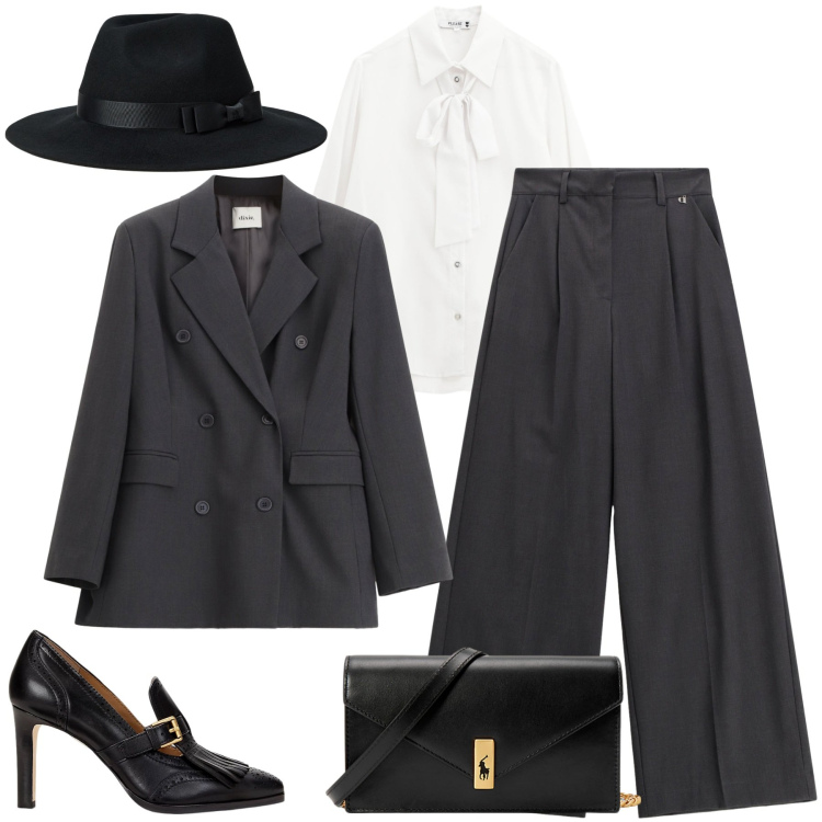 Outfit donna - In ufficio. Stile Mannish per Ufficio. Abbinamento con camicie, pantaloni a palazzo, blazer, décolleté, clutch, cappelli.