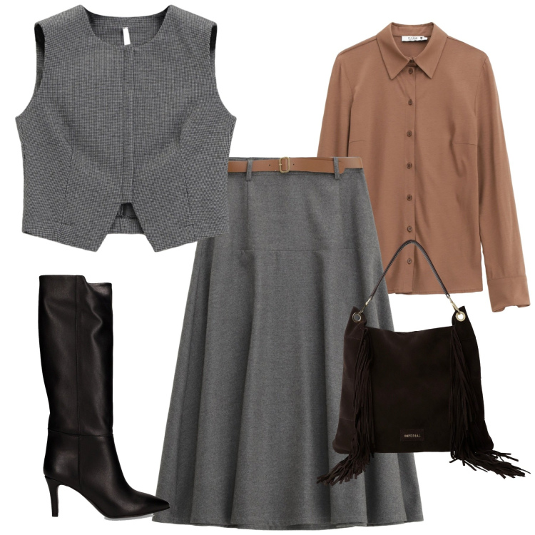 Outfit donna - City. Stile Urban per Tutti i giorni. Abbinamento con gonne lunghe, camicie, gilet, borse a spalla, stivali.