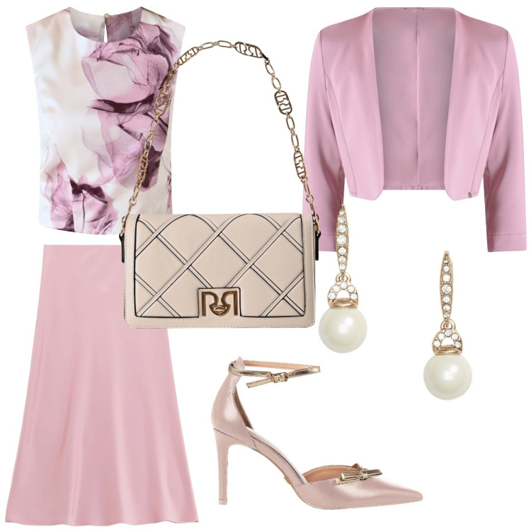 Outfit donna - Petali di rosa. Stile Romantica per Ufficio. Abbinamento con bolero, top, décolleté, borse a tracolla, gonne longuette, orecchini.