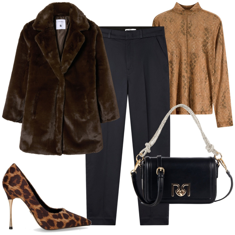 Outfit donna - Ottobre. Stile Glamour per Serata fuori. Abbinamento con maglieria, pantaloni chino, cappotti, borse a mano, décolleté.