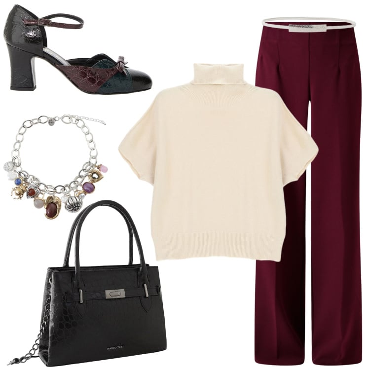Outfit donna - Al lavoro. Stile Casual per Ufficio. Abbinamento con borse a mano, pantaloni a palazzo, maglieria, décolleté, braccialetti con ciondoli, cinture.