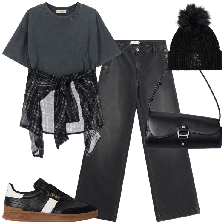 Outfit donna - City. Stile Casual chic per Tutti i giorni. Abbinamento con jeans, t-shirt, sneakers, borse a spalla, berretti.