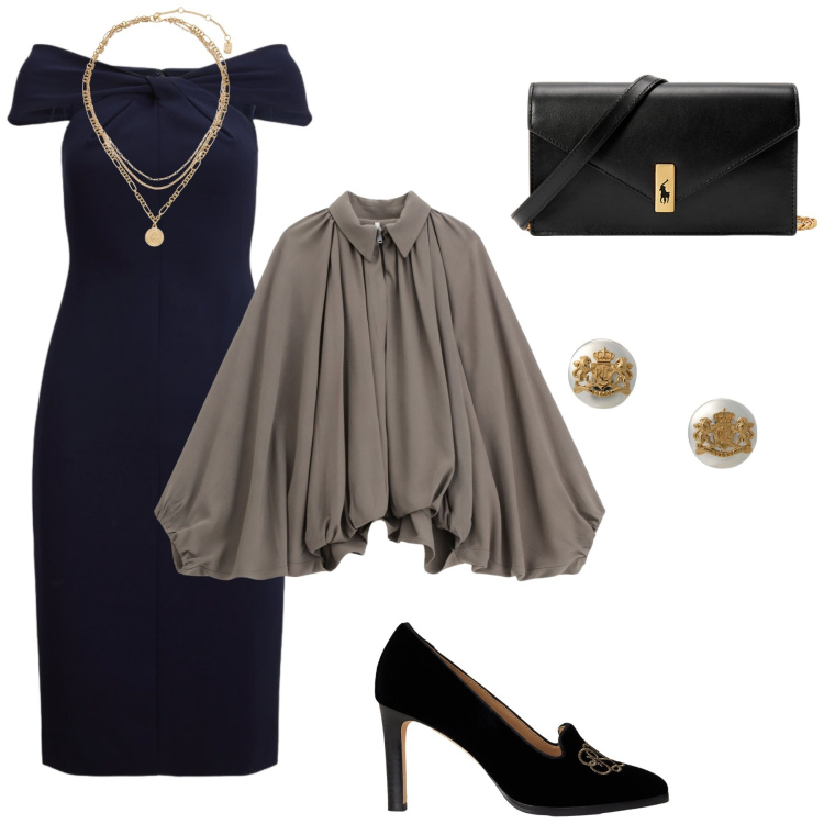 Outfit donna - Serata fuori. Stile Chic per Serata fuori. Abbinamento con bomber, orecchini, clutch, vestiti, décolleté, ciondoli.