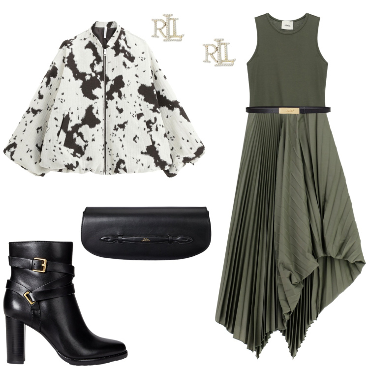 Outfit donna - Serata fuori. Stile Chic per Serata fuori. Abbinamento con vestiti lunghi, bomber, orecchini, cinture, clutch, stivaletti.