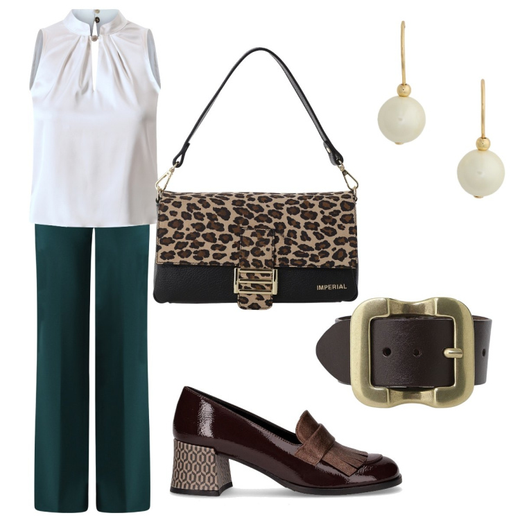 Outfit donna - Total look #2262393. Stile Glamour per Tutti i giorni. Abbinamento con bluse, pantaloni a palazzo, borse a spalla, cinture, orecchini, mocassini.