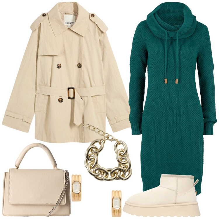 Outfit donna - Trench. Stile Casual chic per Tutti i giorni. Abbinamento con vestiti, trench, borse a tracolla, stivaletti, braccialetti, orecchini.