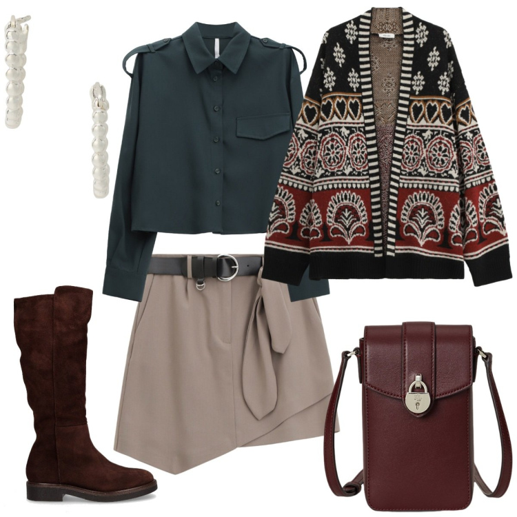 Outfit donna - Autunno creativo. Stile Casual per Tutti i giorni. Abbinamento con cardigans, camicie, minigonne, orecchini, borse a tracolla, stivali.