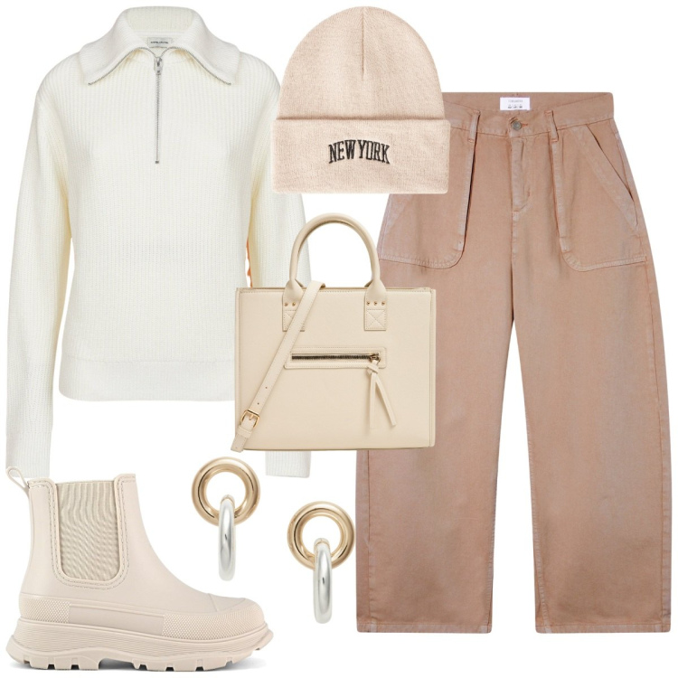 Outfit donna - Minimal autunno. Stile Casual chic per Tutti i giorni. Abbinamento con shopping bag, berretti, pantaloni, orecchini, stivali, maglieria.