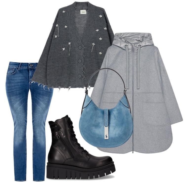 Outfit donna - Il cardigan prezioso. Stile Casual per Tutti i giorni. Abbinamento con jeans skinny, cardigans, borse a spalla, cappotti, anfibi.