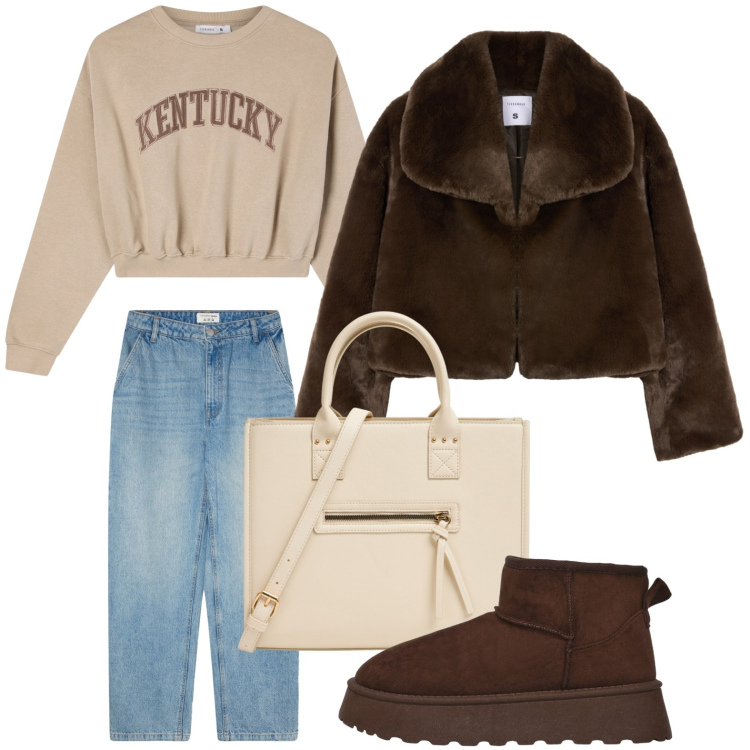 Outfit donna - La pelliccia moka. Stile Urban per Scuola/Università. Abbinamento con ecopellicce, jeans, shopping bag, felpe, stivaletti.