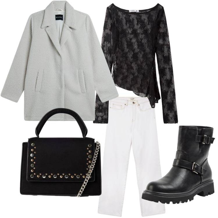 Outfit donna - Il cappotto morbido. Stile Glamour per Serata fuori. Abbinamento con maglieria, jeans dritti, stivaletti, borse a tracolla, cappotti.