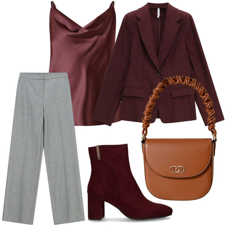 Outfit donna - Tonalità di tendenza. Stile Trendy per Ufficio. Abbinamento con canottiere, borse a mano, pantaloni a palazzo, blazer, stivaletti.