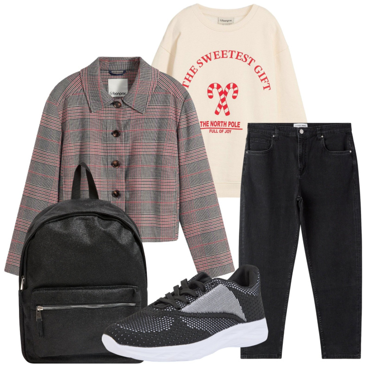 Outfit donna - Cappotto con motivo a quadri. Stile Basic per Scuola/Università. Abbinamento con cappotti, felpe, zaini, sneakers, jeans mom.