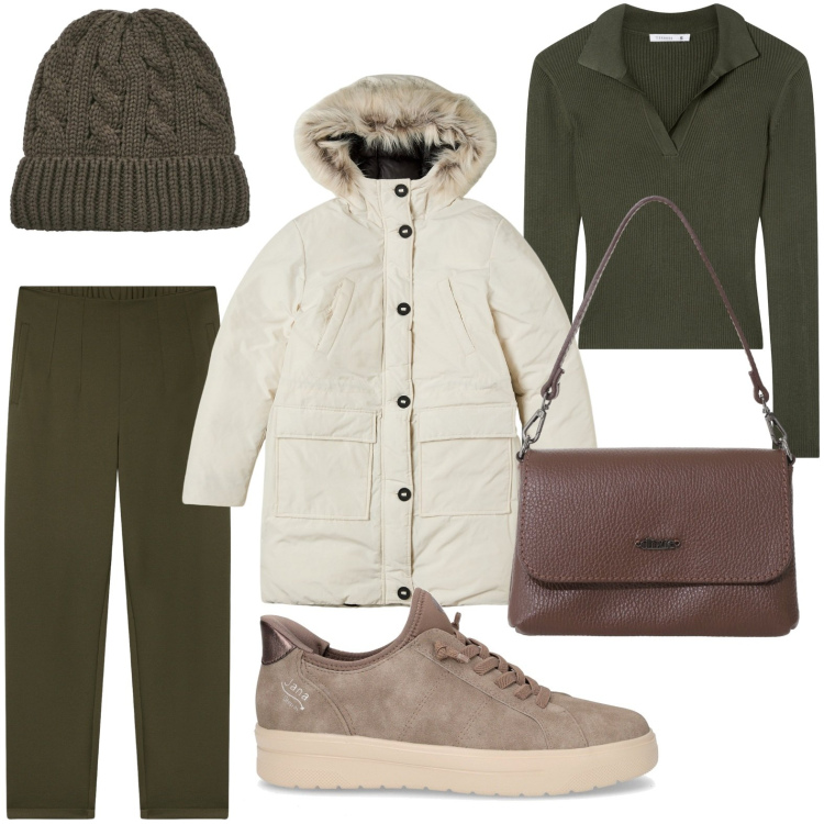 Outfit donna - Il parka elegante. Stile Casual per Ufficio. Abbinamento con parka, maglieria, pantaloni chino, berretti, borse a tracolla, sneakers.