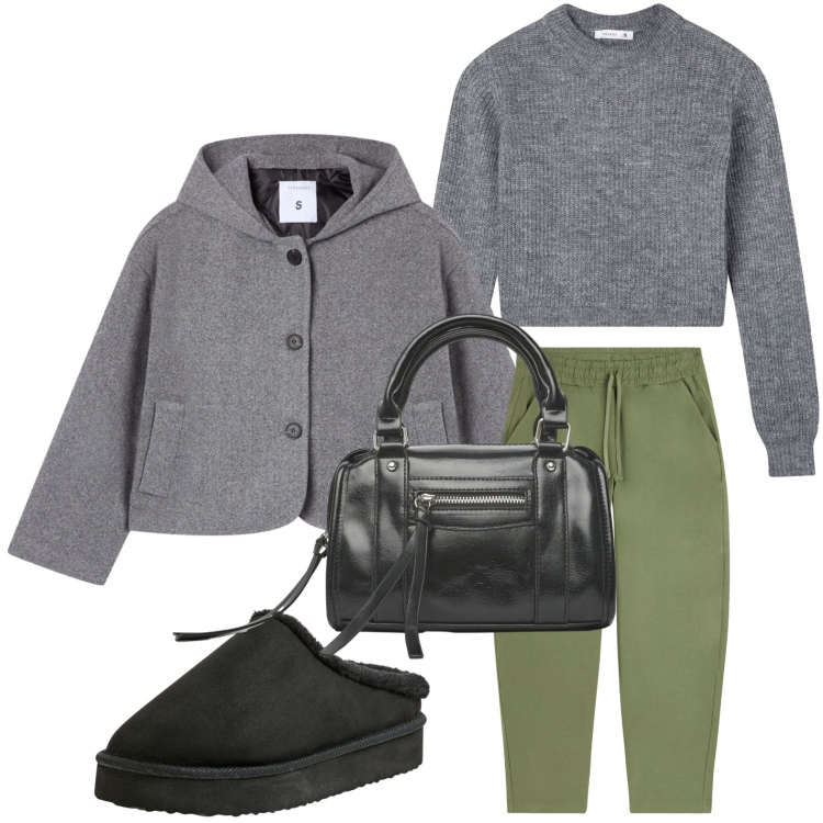 Outfit donna - Il verde accende il look. Stile Glamour per Tutti i giorni. Abbinamento con caban, sabot, maglieria, borse a mano, pantaloni.