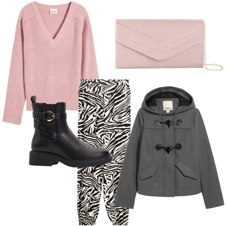 Outfit donna - Stile zebrato. Stile Casual per Tutti i giorni. Abbinamento con maglieria, montgomery, pantaloni a palazzo, pochette, stivaletti chelsea.