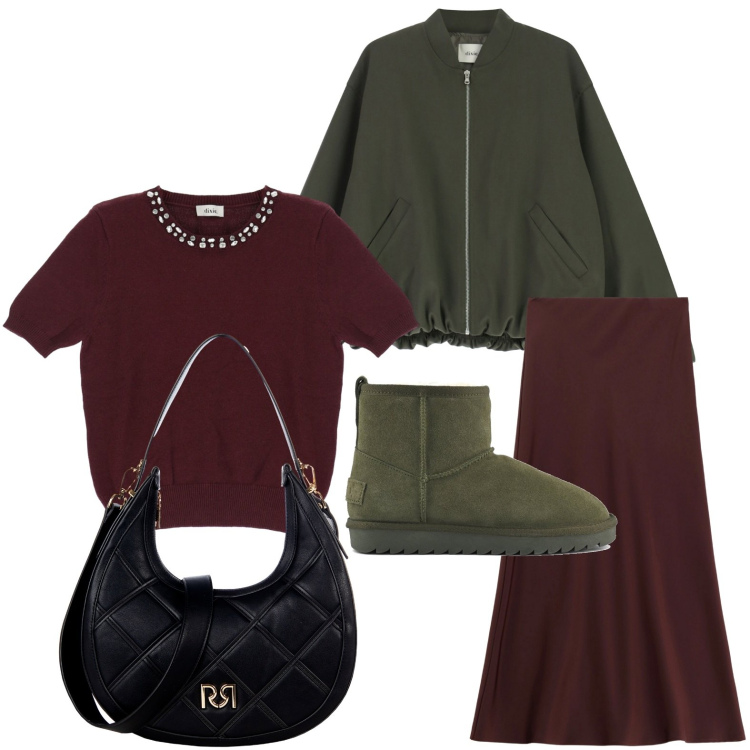 Outfit donna - La maglia con dettaglio gioiello. Stile Trendy per Tutti i giorni. Abbinamento con maglieria, bomber, borse a tracolla, gonne lunghe, stivali.