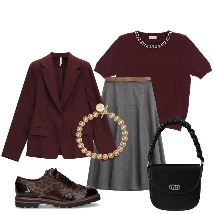 Outfit donna - In ufficio. Stile Chic per Ufficio. Abbinamento con borse a mano, gonne lunghe, blazer, maglieria, braccialetti, scarpe stringate.