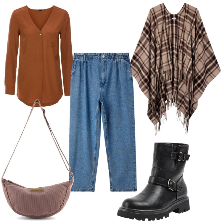 Outfit donna - Total look #2262422. Stile Trendy per Tutti i giorni. Abbinamento con camicie, jeans, stivaletti, cappotti, borse a tracolla.