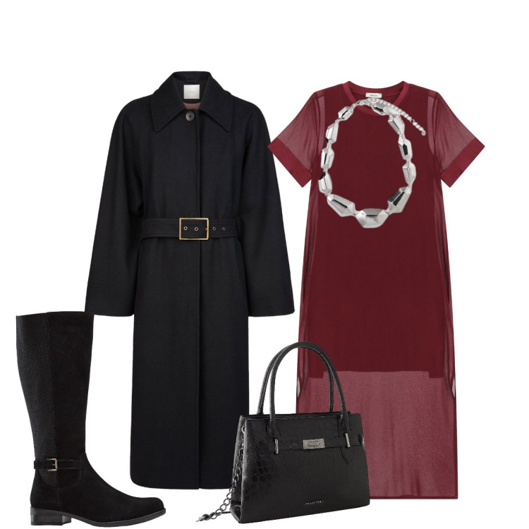 Outfit donna - In città. Stile Chic per Tutti i giorni. Abbinamento con stivali, borse a mano, vestiti midi/longuette, cappotti, ciondoli.