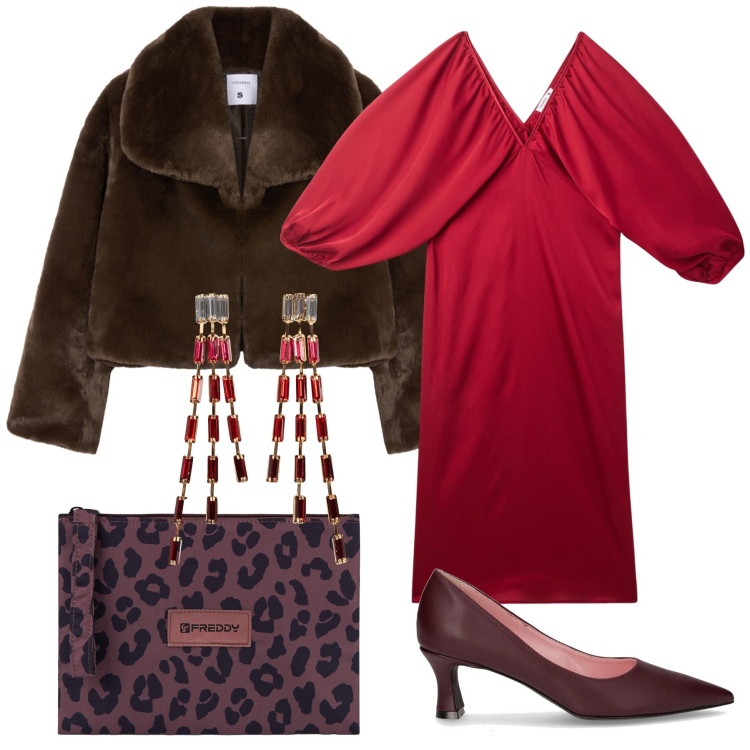 Outfit donna - Rosso e marrone e animalier. Stile Glamour per Cerimonia. Abbinamento con orecchini, ecopellicce, vestiti lunghi, clutch, décolleté.