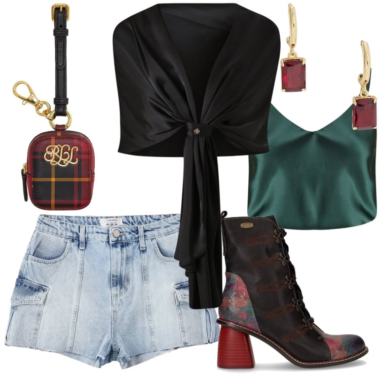 Outfit donna - Audace aperitime. Stile Sexy per Serata fuori. Abbinamento con shorts, scialli, top, pochette, orecchini, stivaletti.