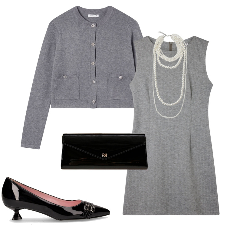 Outfit donna - Cascata di perle. Stile Bon Ton per Serata fuori. Abbinamento con vestiti senza maniche, cardigans, pochette, collane, décolleté.