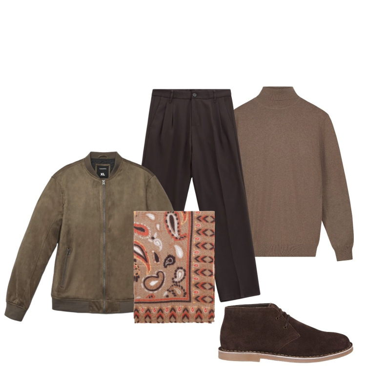 Outfit uomo - Trendy con il foulard fantasia. Stile Trendy per Ufficio. Abbinamento con giacche, pantaloni, sciarpe e foulard, stivali e stivaletti, maglieria.