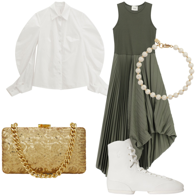 Outfit donna - Serata originale con abito estivo. Stile Trendy per Serata fuori. Abbinamento con vestiti lunghi, camicie, braccialetti, clutch, stivaletti.