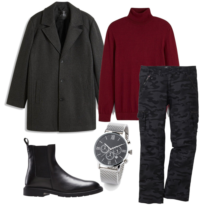 Outfit homme - Octobre. Style Urban pour Tous les jours. Assortir avec pantalon cargo, pulls, bottes et bottines, bracelets, manteaux.