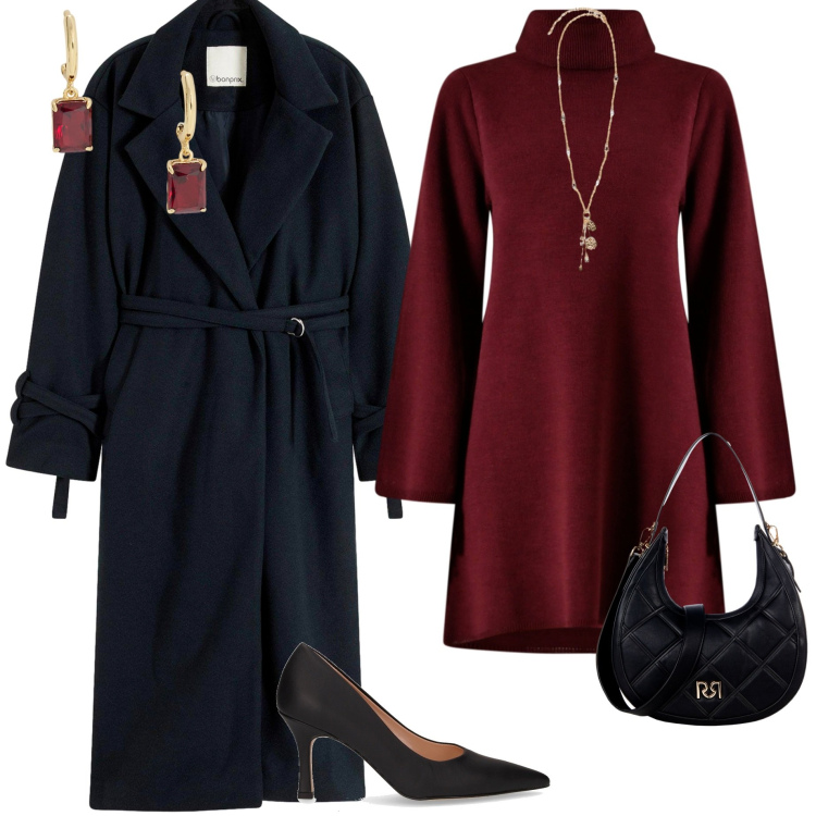 Outfit donna - Festa di compleanno. Stile Chic per Serata fuori. Abbinamento con cappotti, vestiti corti, borse a tracolla, orecchini, ciondoli, décolleté.
