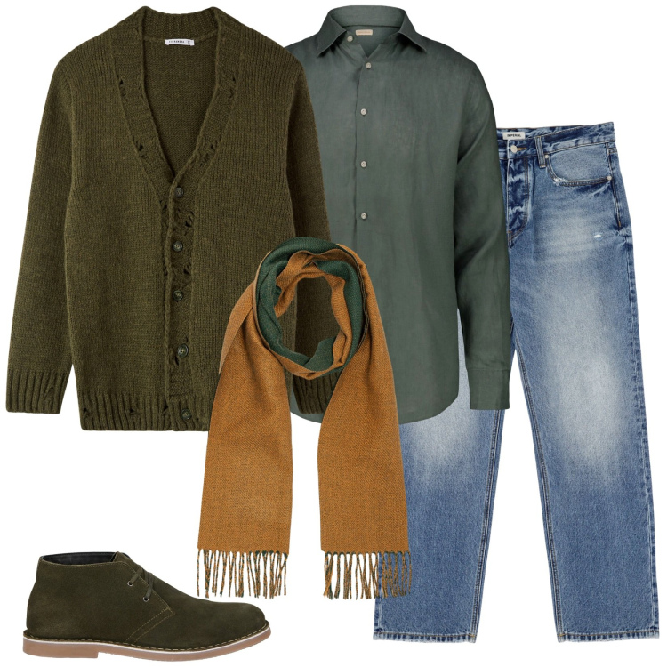 Outfit uomo - In città. Stile Casual per Tutti i giorni. Abbinamento con cardigans, jeans, camicie, stivali e stivaletti, sciarpe.