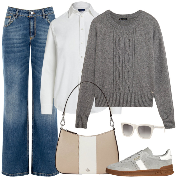 Outfit donna - Minimal quotidiano. Stile Minimal per Tutti i giorni. Abbinamento con jeans, maglieria, camicie, borse a spalla, sneakers, occhiali da sole.