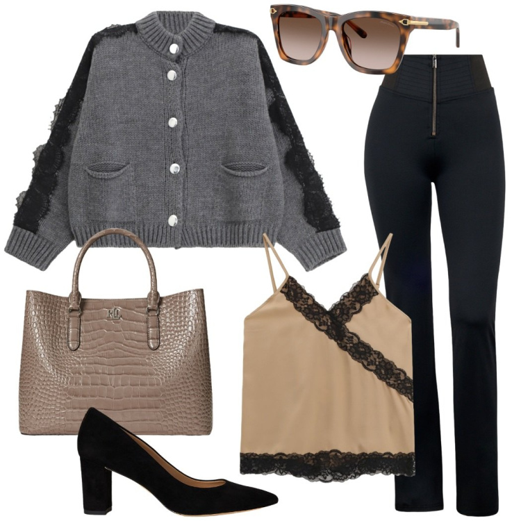 Outfit donna - Raffinati dettagli in pizzo. Stile Casual chic per Tutti i giorni. Abbinamento con cardigans, top, pantaloni skinny, borse a mano, décolleté, occhiali da sole.