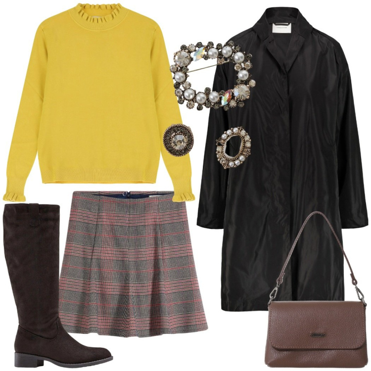 Outfit donna - Total look #2262446. Stile Vintage retrò per Ufficio. Abbinamento con stivali, minigonne, cappotti, borse a tracolla, maglieria, trench.