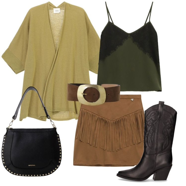 Outfit donna - Urban style. Stile Casual chic per Tutti i giorni. Abbinamento con minigonne, cardigans, top, cinture, borse a spalla, stivali.