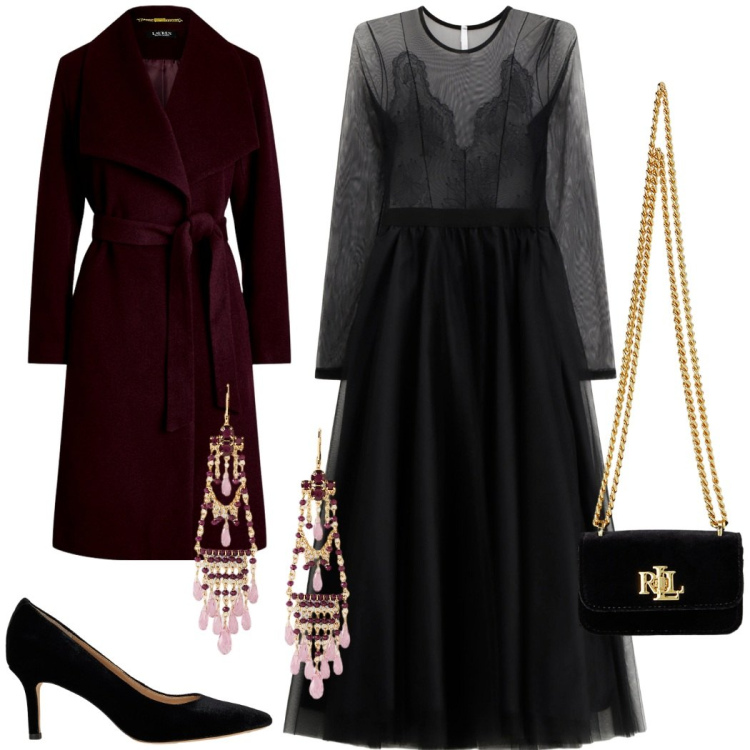 Outfit donna - Prima all\'opera. Stile Glamour per Cerimonia. Abbinamento con vestiti midi/longuette, cappotti, orecchini, pochette, décolleté.