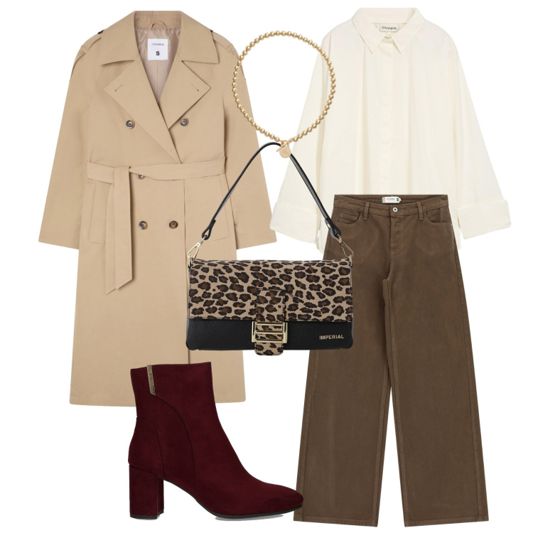 Outfit donna - Trench season. Stile Casual chic per Ufficio. Abbinamento con bluse, trench, pantaloni a palazzo, borse a spalla, collane, stivaletti.
