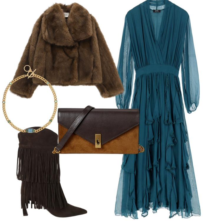 Outfit donna - Ottanio. Stile Glamour per Serata fuori. Abbinamento con vestiti midi/longuette, stivali, blazer, clutch, collane.
