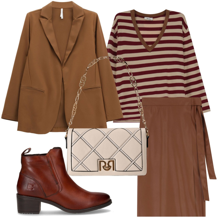 Outfit donna - Righe d\'autunno. Stile Minimal per Tutti i giorni. Abbinamento con borse a tracolla, blazer, gonne longuette, maglieria, stivaletti.