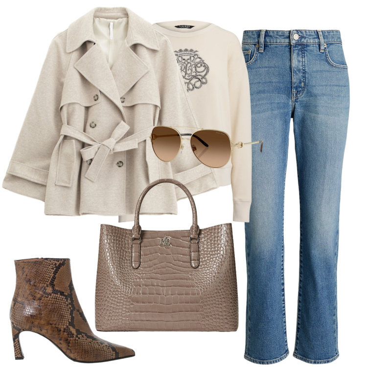 Outfit donna - Trench season. Stile Casual chic per Tutti i giorni. Abbinamento con stivaletti, trench, occhiali da sole, borse a mano, jeans dritti, pullovers.