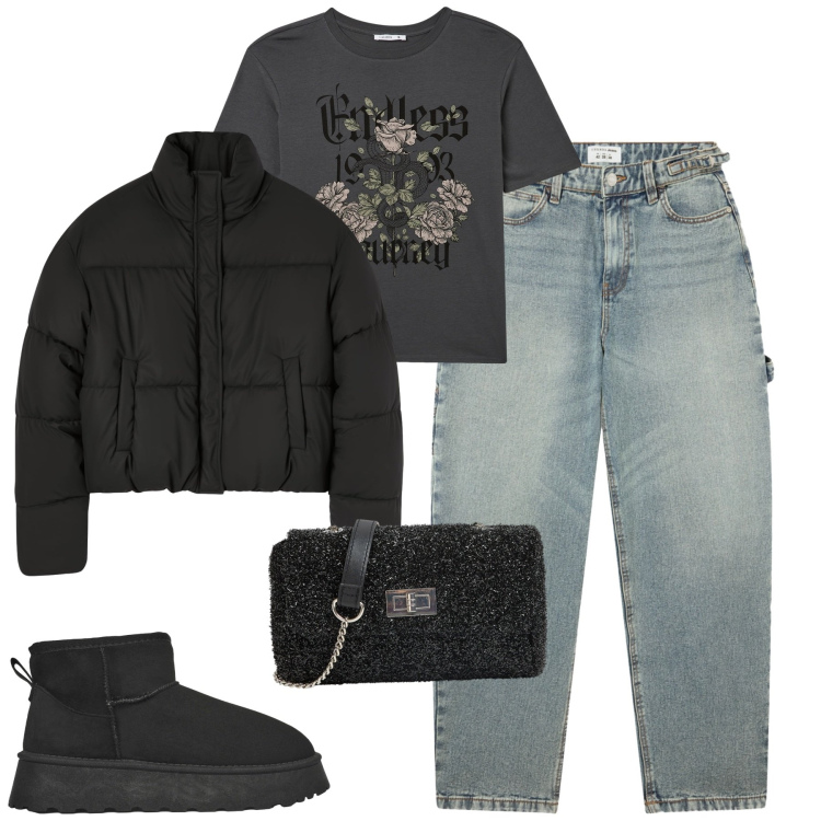 Outfit donna - Total look #2262464. Stile Casual per Tutti i giorni. Abbinamento con t-shirt, borse a tracolla, jeans, stivaletti, bomber.