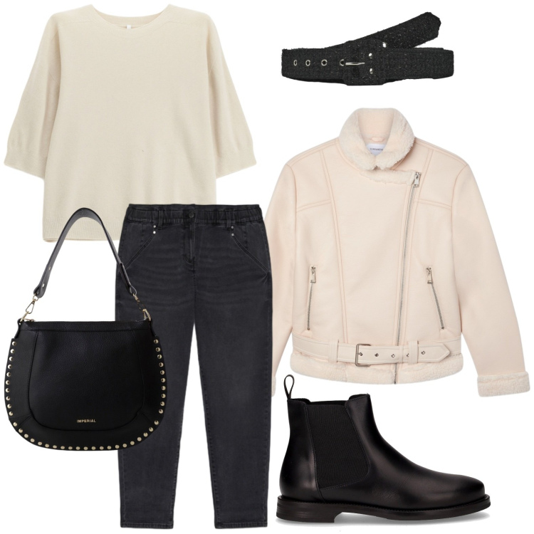 Outfit donna - Il potere del chiodo. Stile Minimal per Scuola/Università. Abbinamento con bomber, cinture, borse a spalla, maglieria, jeans, stivaletti chelsea.
