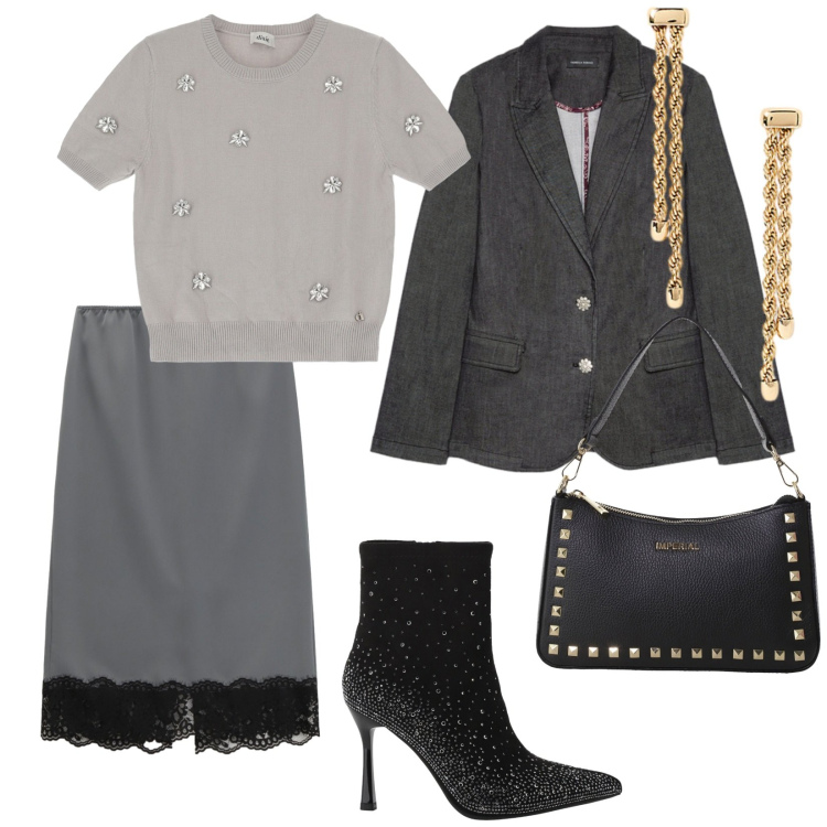 Outfit donna - Sabato sera. per Serata fuori. Abbinamento con pochette, stivaletti, maglieria, gonne longuette, orecchini, blazer.